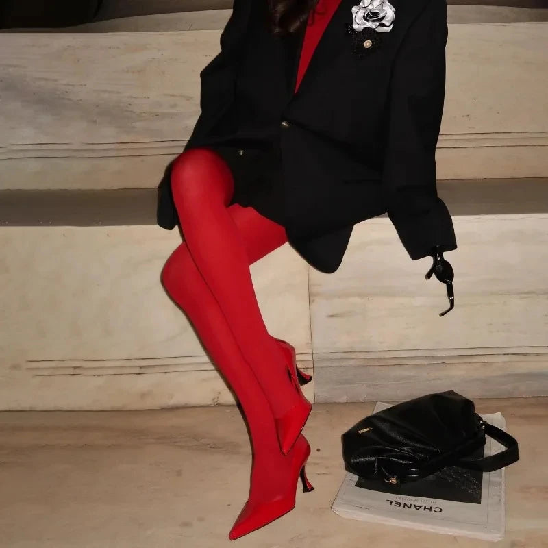 Red Polyester Translucent Slim Tights