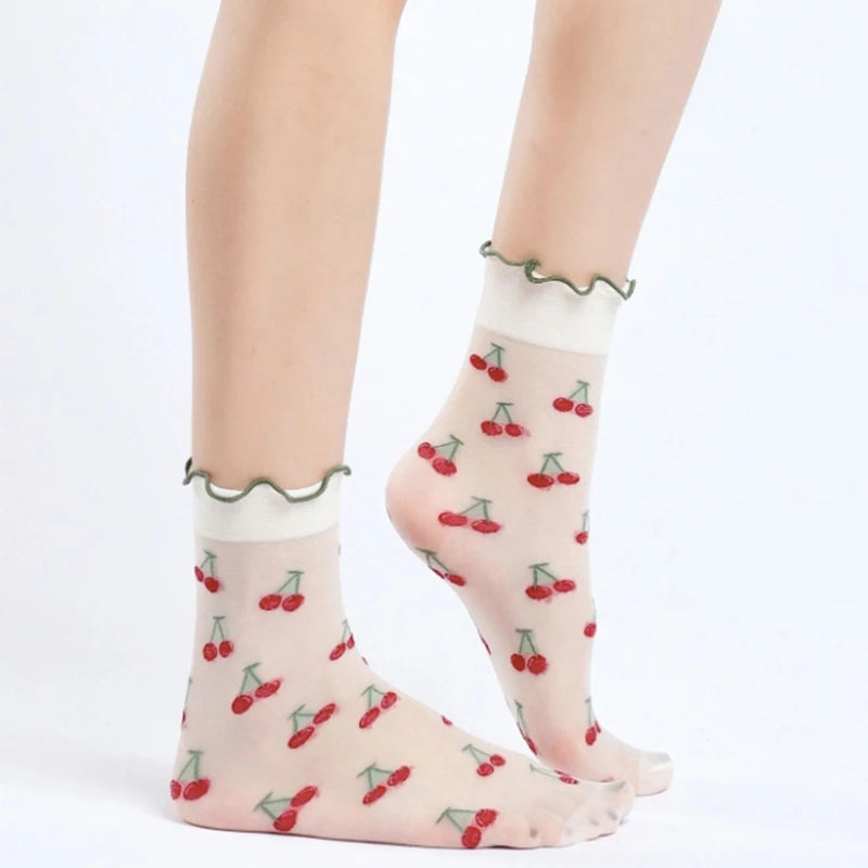 Nylon Spandex Fruit Print Lettuce Edge Mid Tube Socks