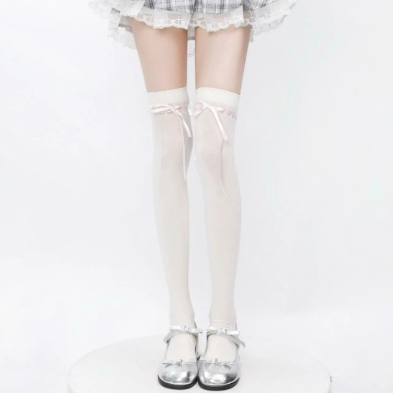 Nylon Elastane Bowknot Thigh High Stockings - 2