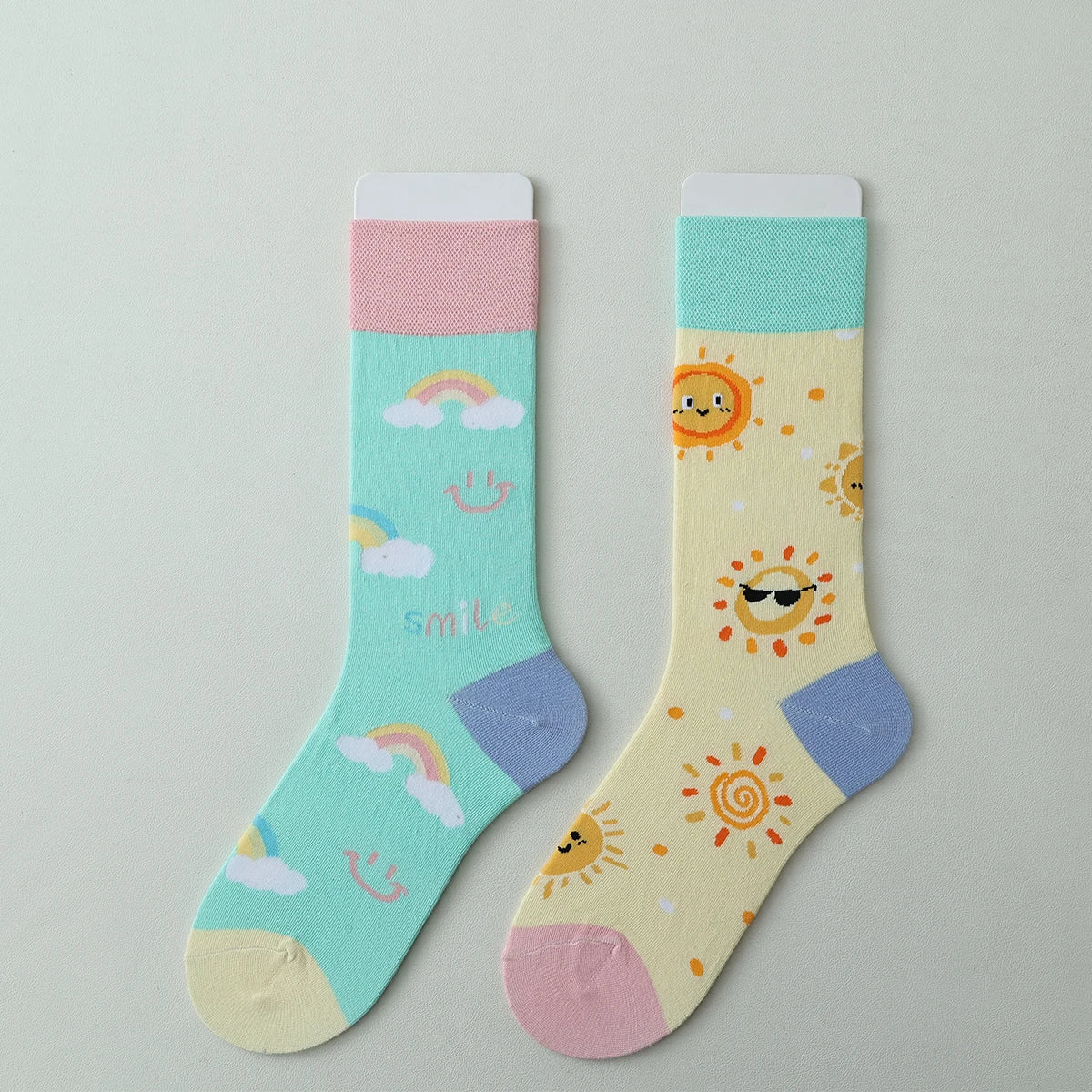 Cotton Blend Smiley Rainbow Print Mid Calf Socks