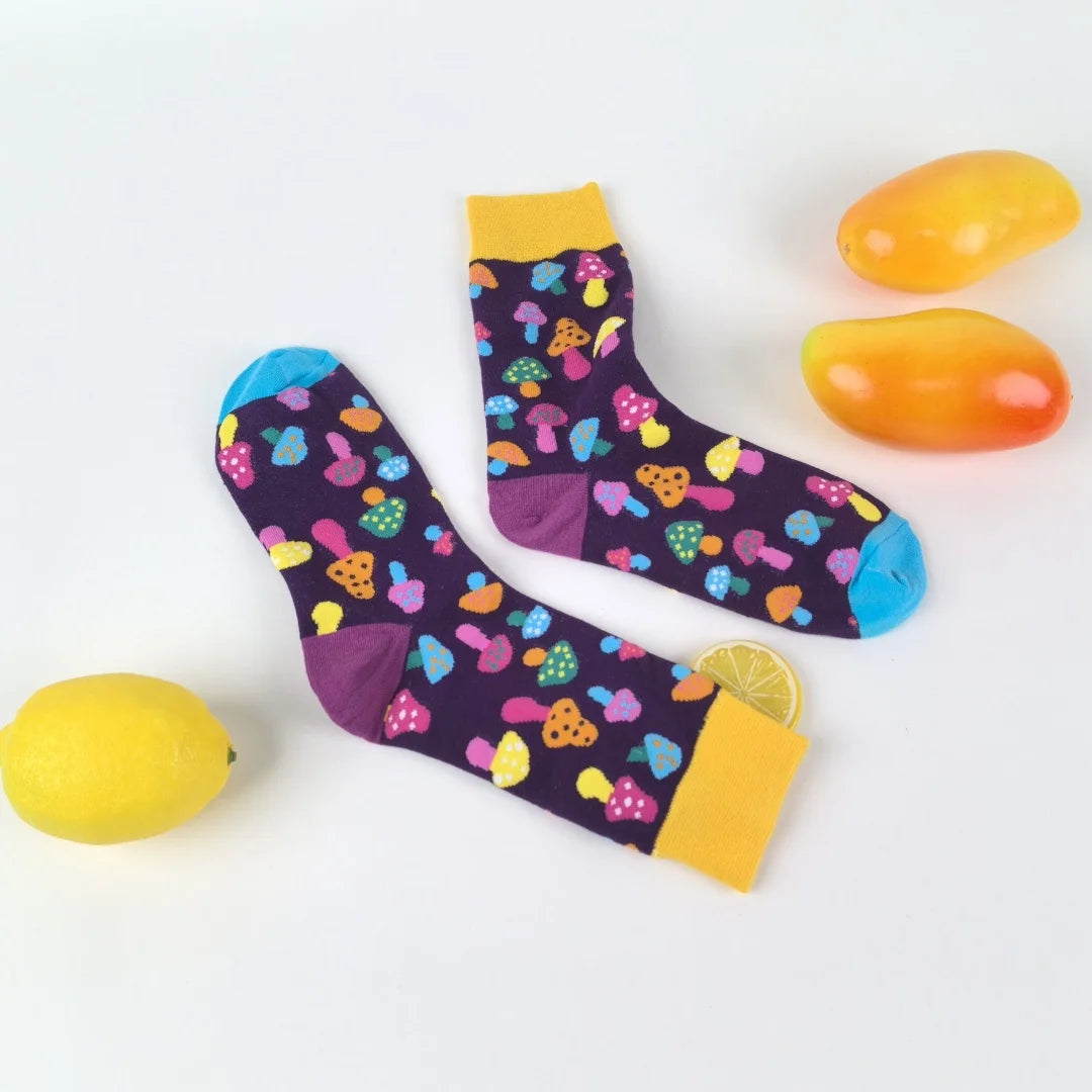 Cotton Mushroom Print Mid Calf Casual Socks
