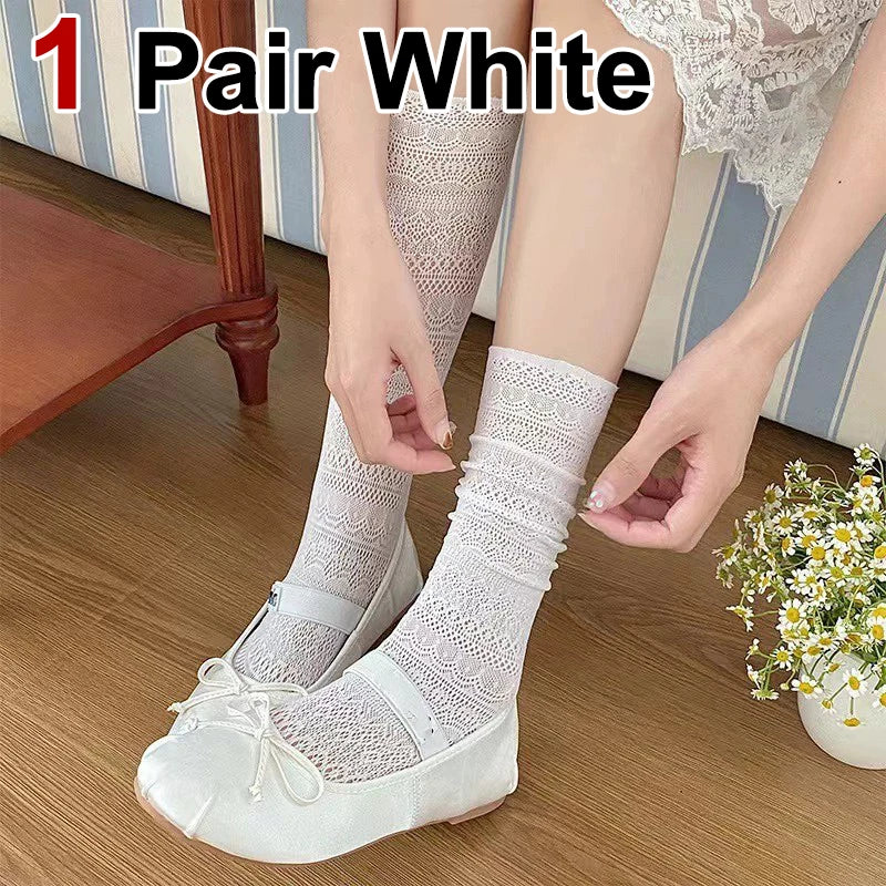 Lace Trimmed Polyester Elastane Casual Mid Tube Socks - 10