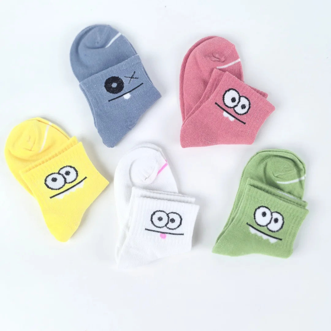 Polyester Elastane Cartoon Face Mid Calf Socks 5 Pairs