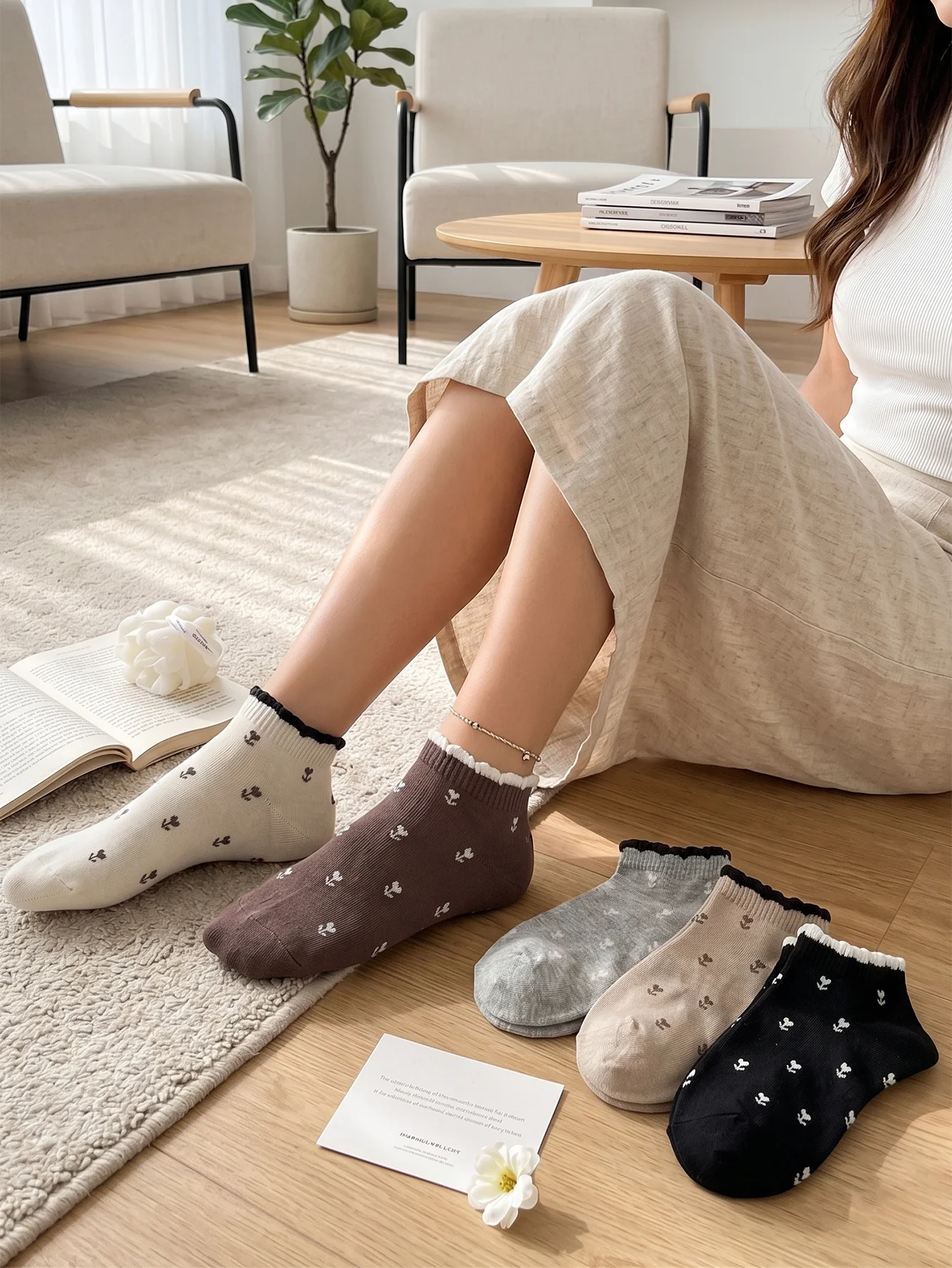Floral Print Polyester Blend Women Ankle Socks 5 Pack - 4