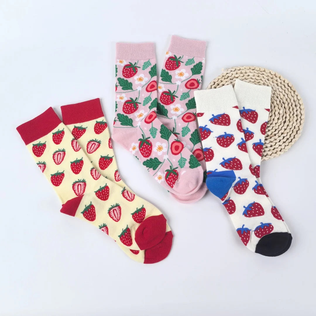 Cotton Blend Strawberry Print Mid Calf Socks