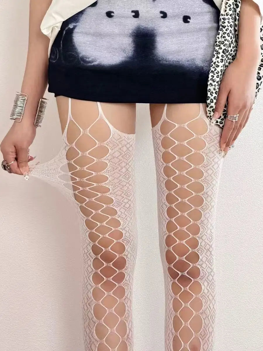 White Nylon Suspender Fishnet Pantyhose - 9