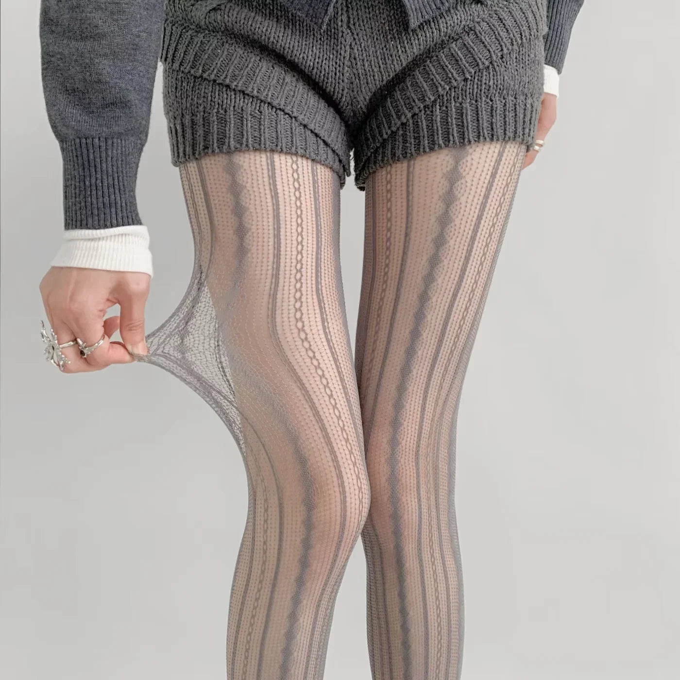 Red Nylon Striped Fishnet Tights for Women - 19