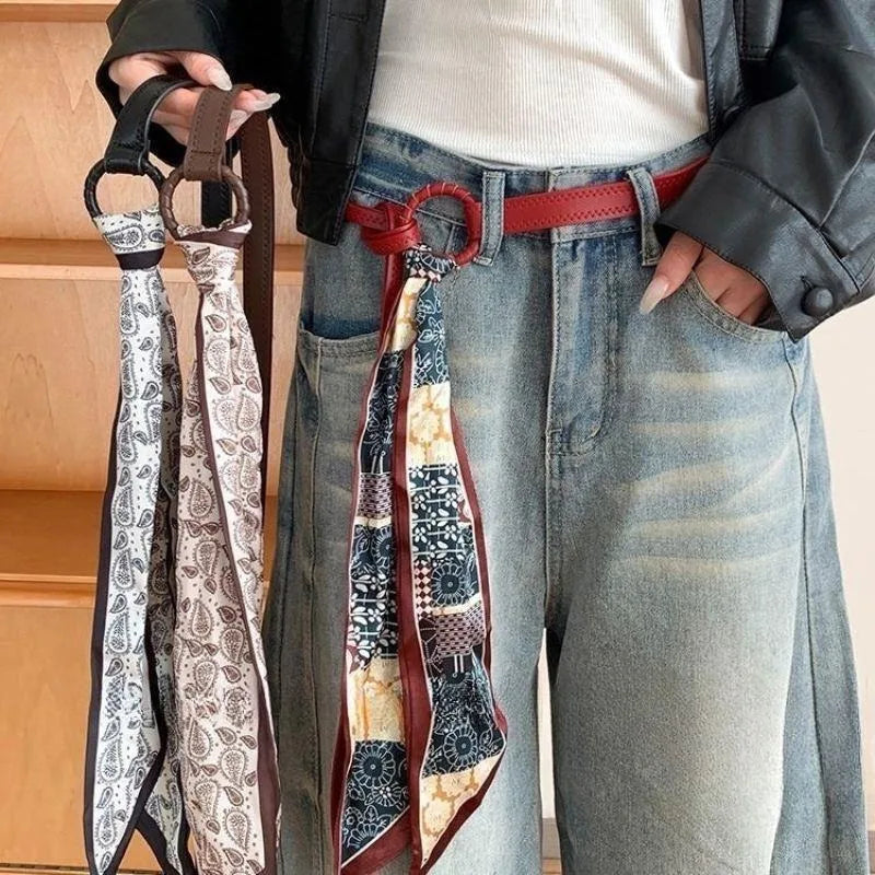 PU Leather Belt with Detachable Silk Scarf Waist Accessory - 2