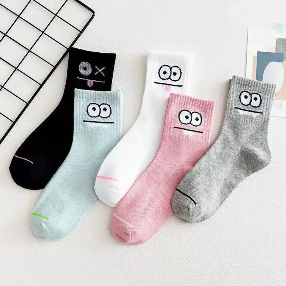 Polyester Blend Cartoon Expression Mid Tube Casual Socks 5 Pack