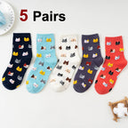 5 Pairs Women Cotton Cat Print Mid Tube Casual Socks