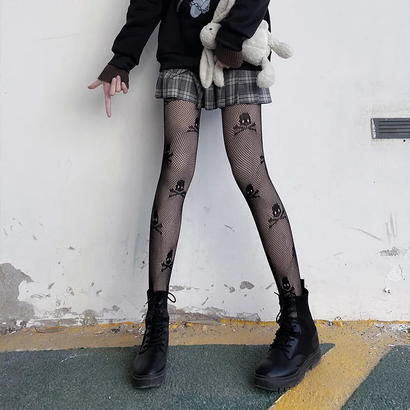 Nylon Polyester Skull Pattern Fishnet Pantyhose - 7
