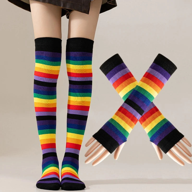Striped Polyester Thigh High Socks and Arm Warmer Set - 11