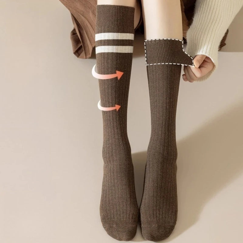 Cotton Polyester Striped Knee High Casual Socks