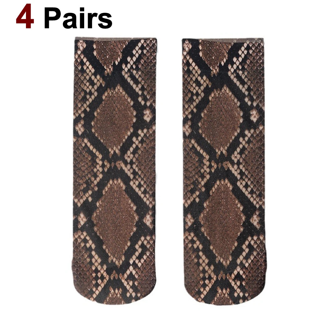 4 Pairs Womens Nylon Elastane Leopard Print Casual Socks - 19