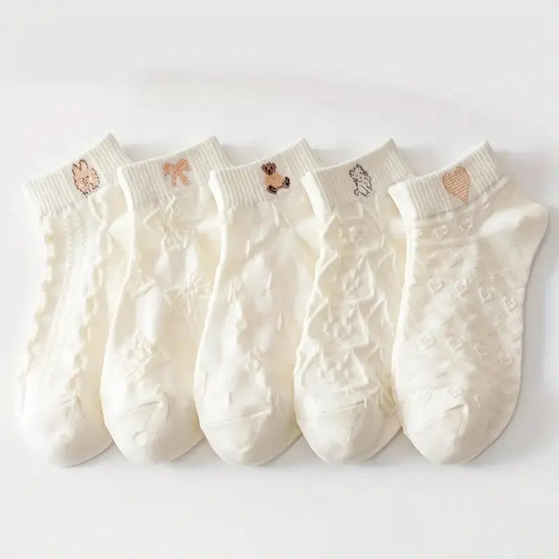 Polyester Elastane Teddy Bear Print Casual Ankle Socks for Women - 32