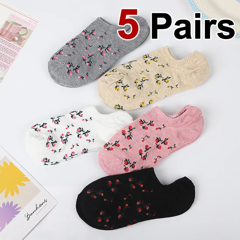 5 Pairs Polyester Elastane Floral Low Cut Boat Socks - 1