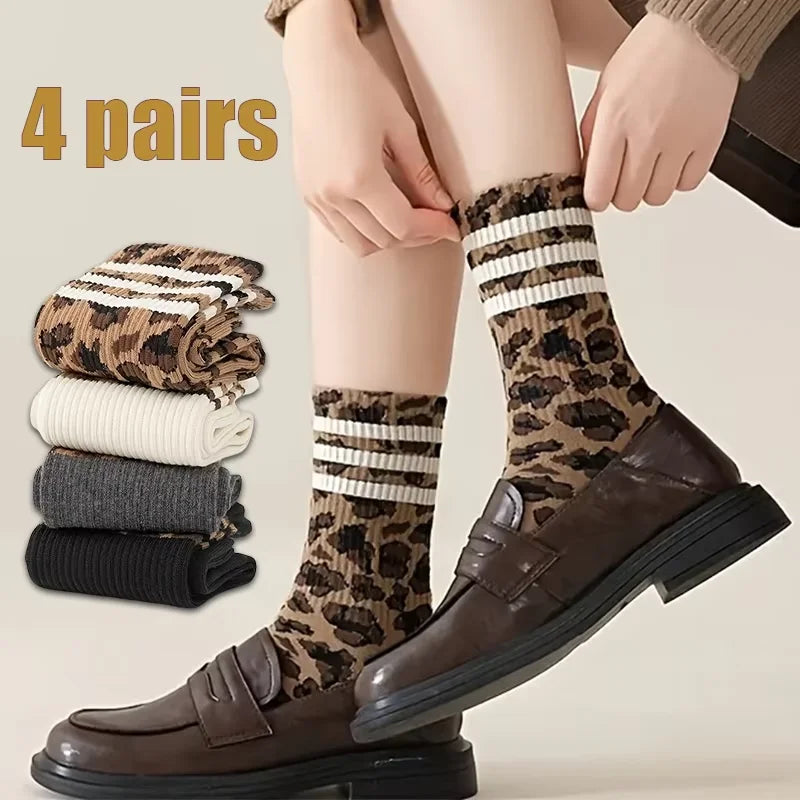 Polyester Leopard Print Mid Calf Casual Socks