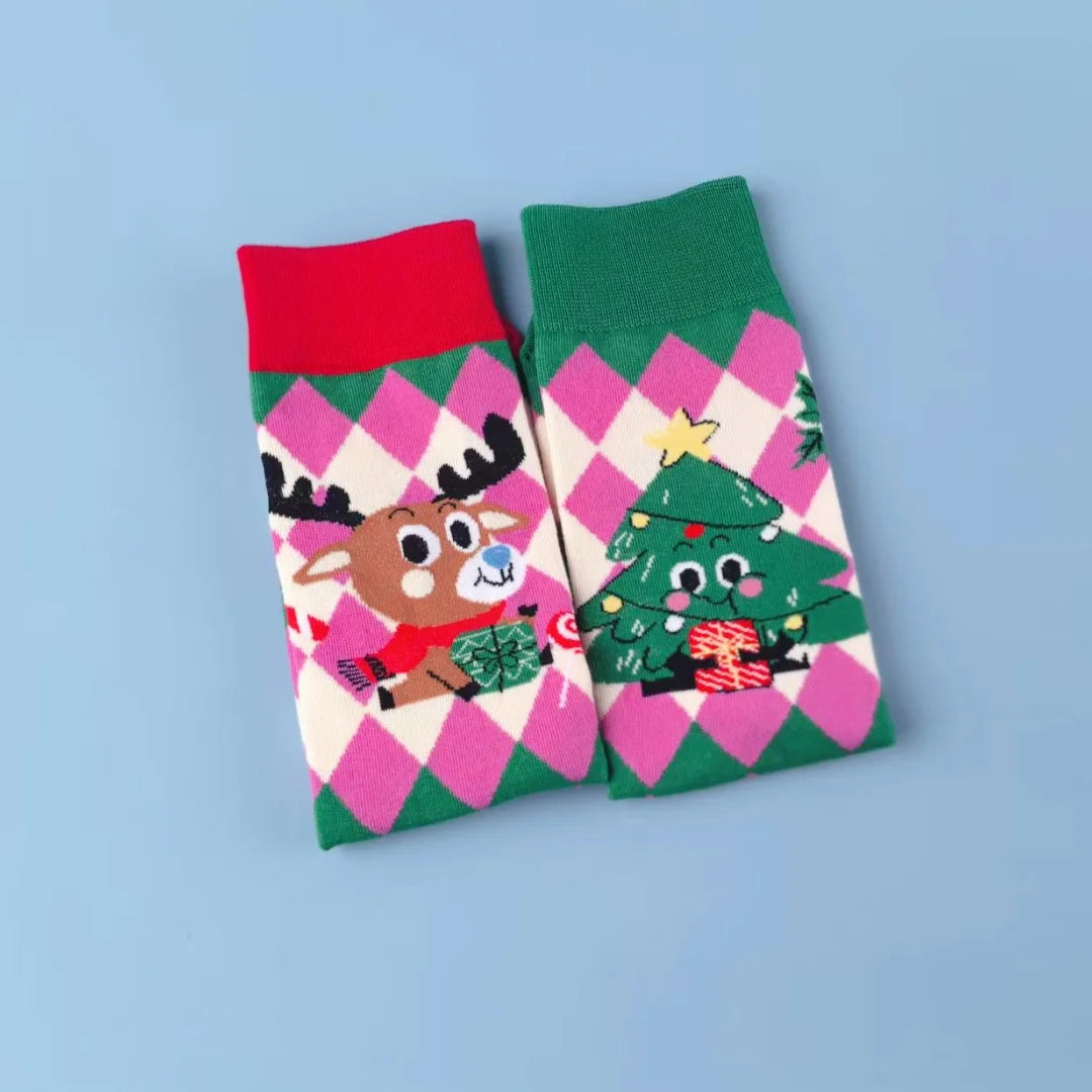 Cotton Blend Christmas Cartoon Pattern Mid Tube Socks - 5