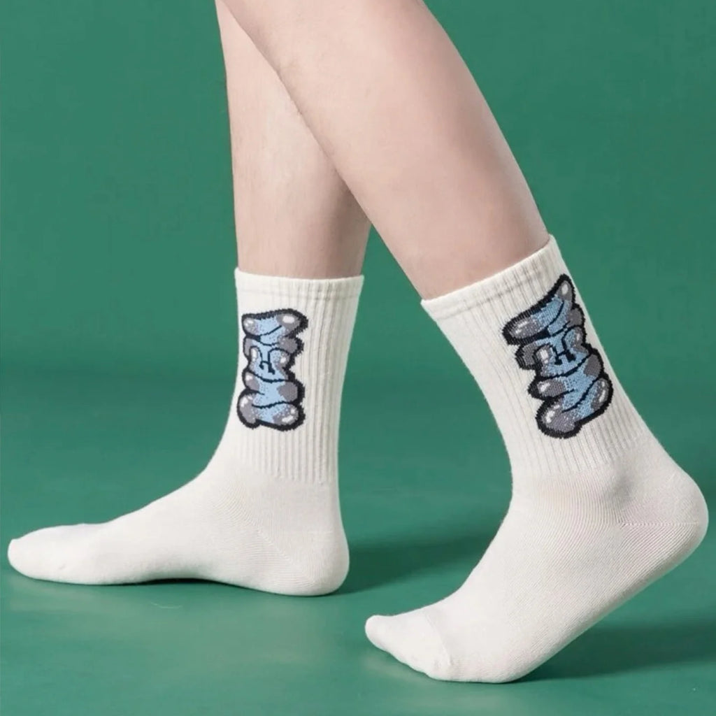 Polyester Elastane Crew Socks Graffiti Pattern Men