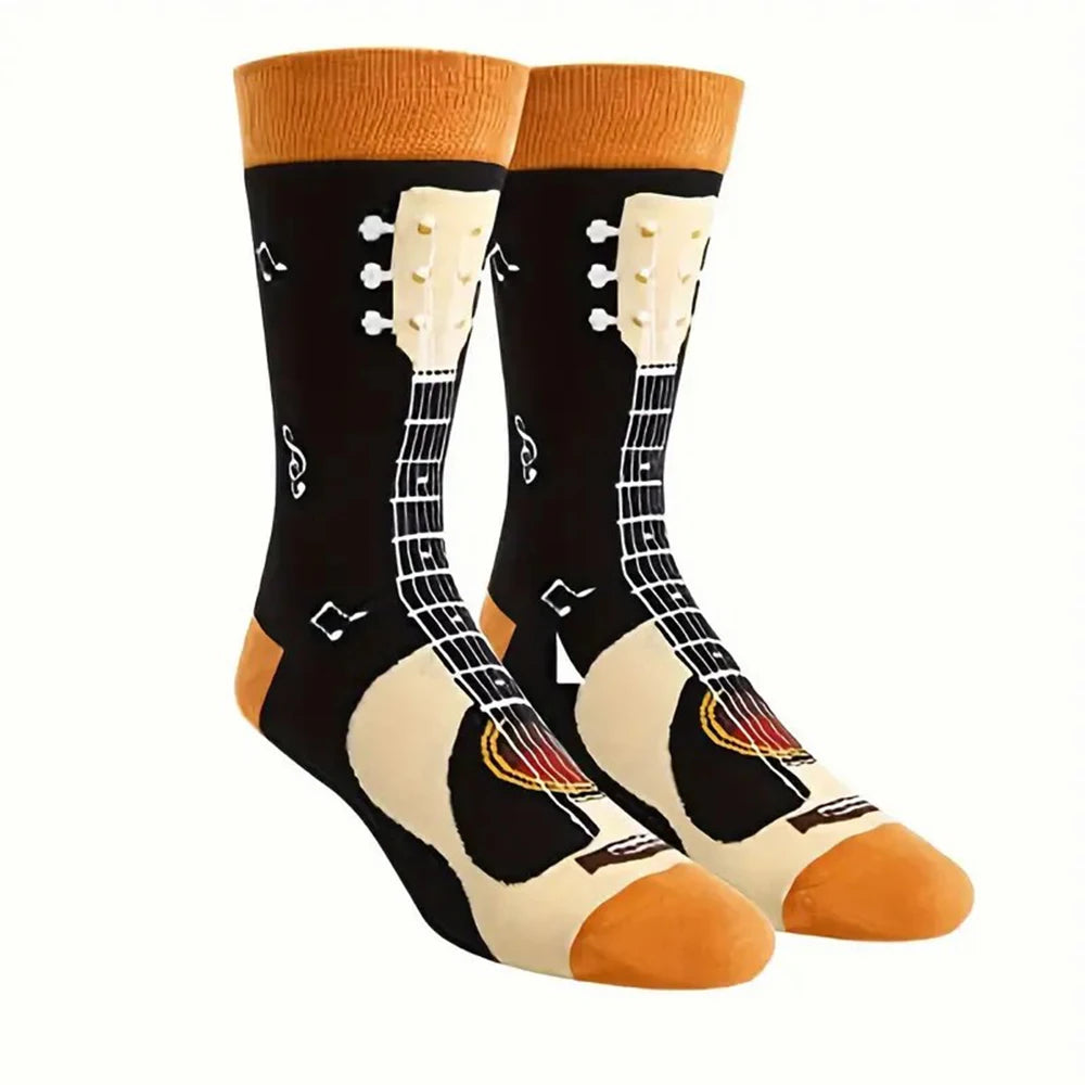 Polyester Elastane Guitar Pattern Crew Socks