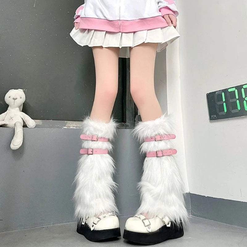 Faux Fur Leg Warmers With Buckle Straps