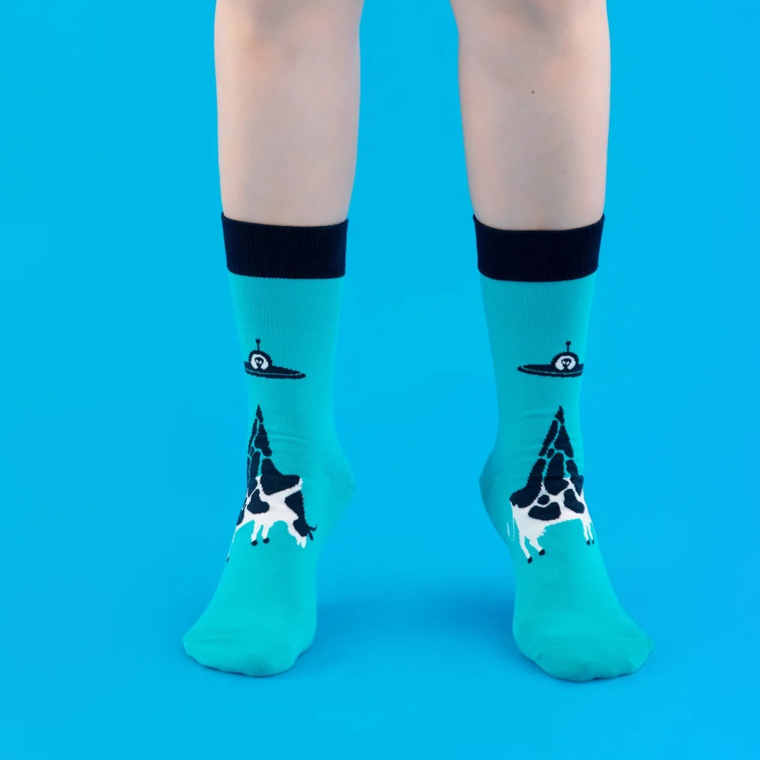 Cotton Blend Alien and Cow Pattern Mid Calf Socks - 3