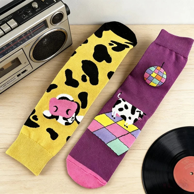 Cotton Blend Cow Print Casual Socks - 1