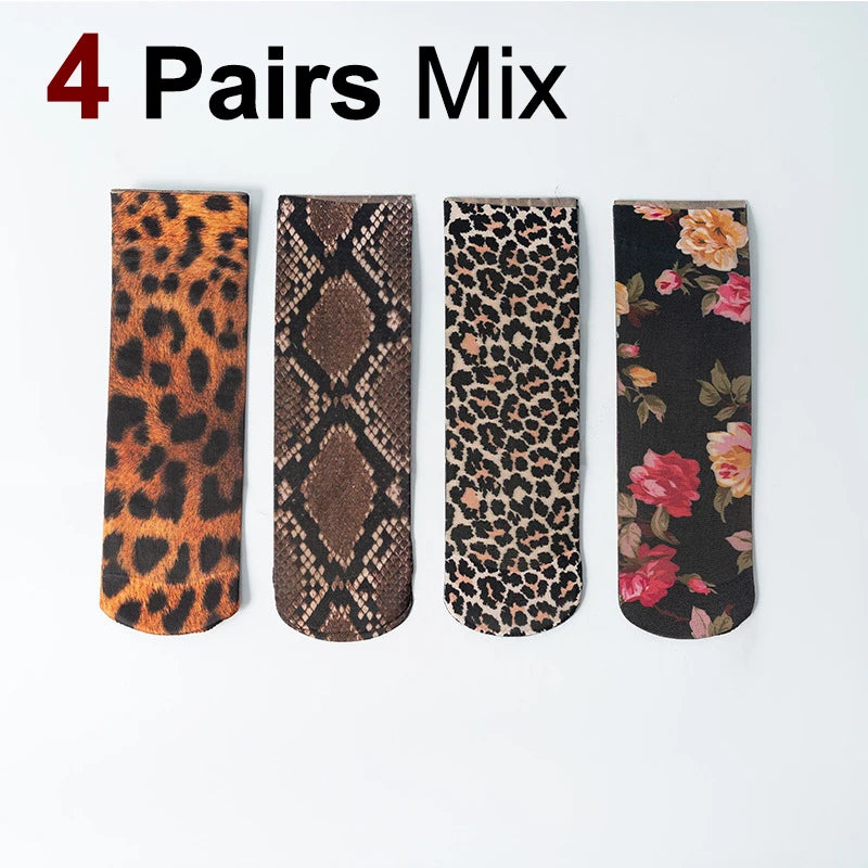 4 Pairs Womens Nylon Elastane Leopard Print Casual Socks