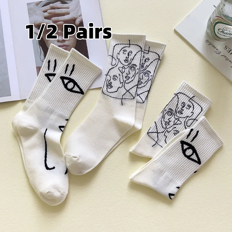Cotton Blend Abstract Line Art Casual Crew Socks - 1