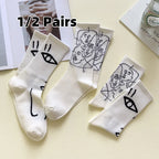 Cotton Blend Abstract Line Art Casual Crew Socks