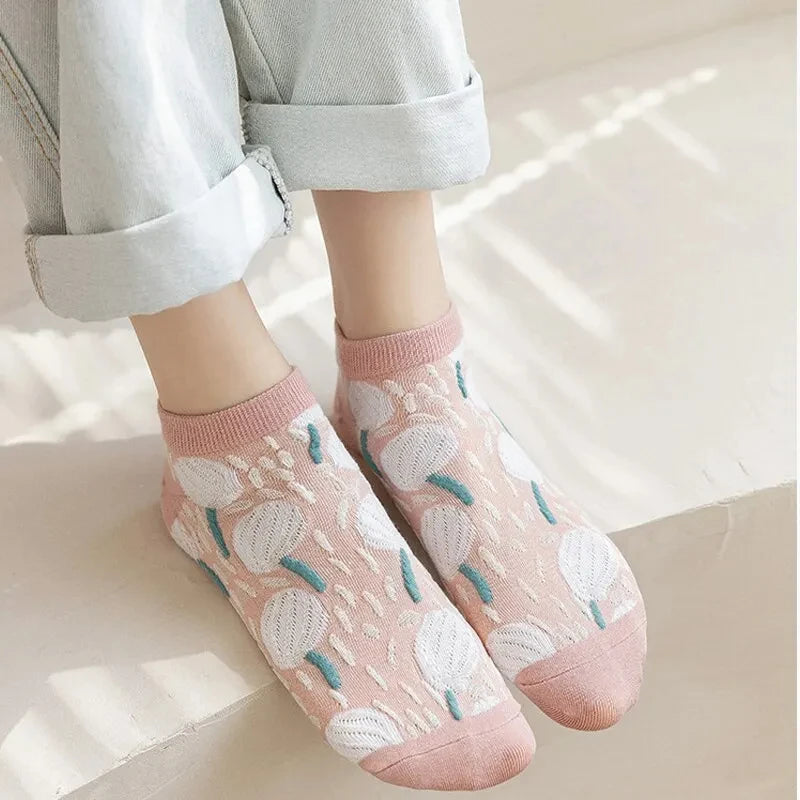 Floral Polyester Low Cut Ankle Socks For Women 5 Pairs - 5