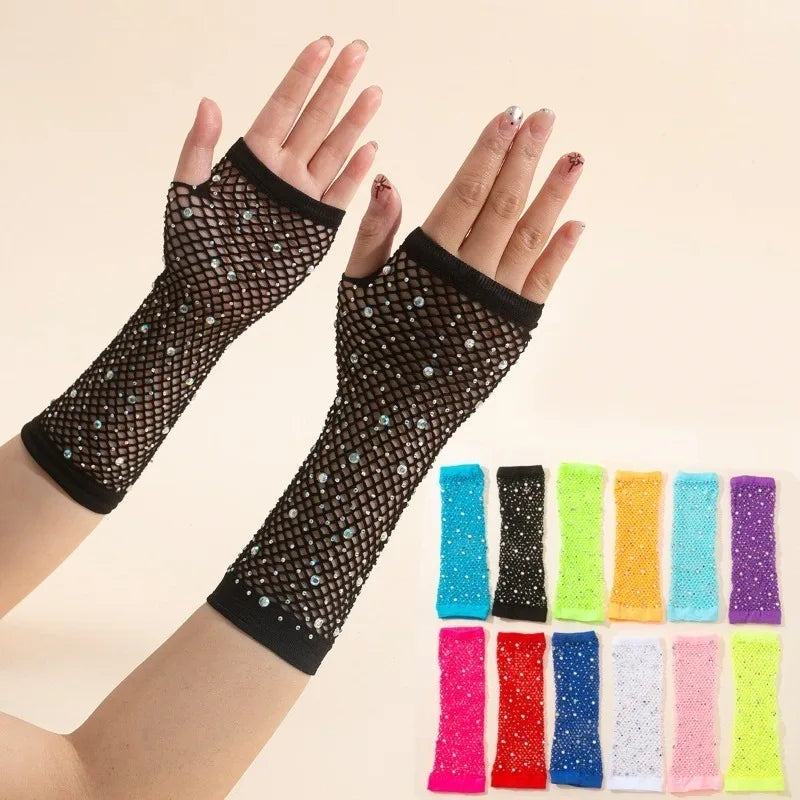 Nylon Elastane Rhinestone Fishnet Fingerless Gloves - 1