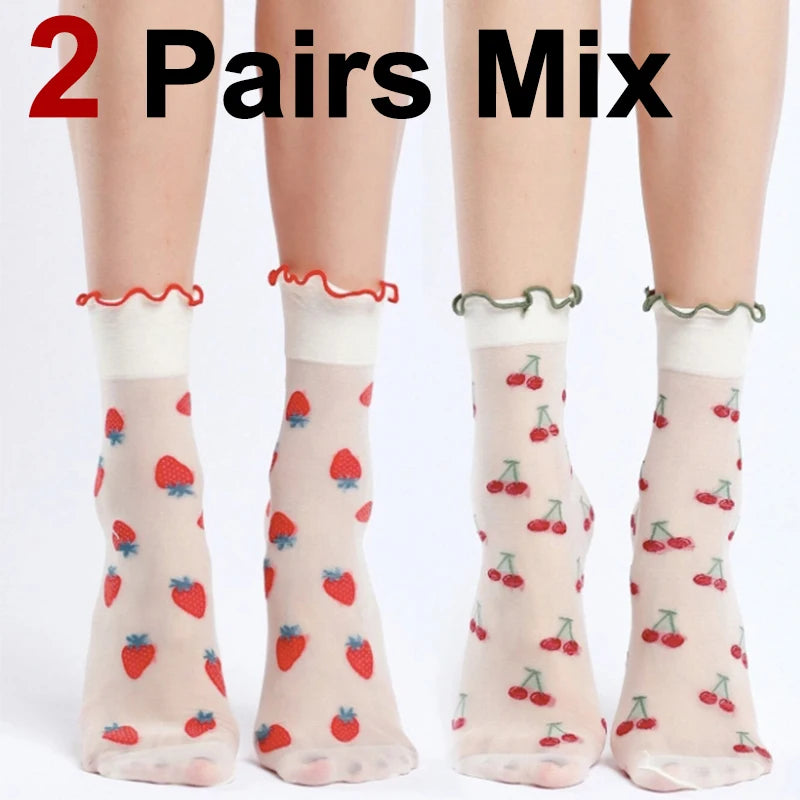 Nylon Spandex Fruit Print Lettuce Edge Mid Tube Socks