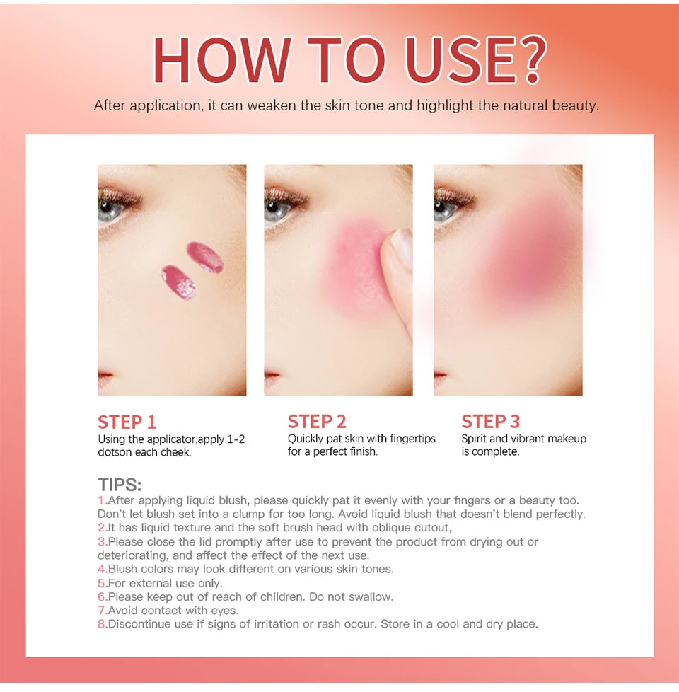Liquid Blush Face Cheek Tint Waterproof Long Lasting Pigmented Makeup