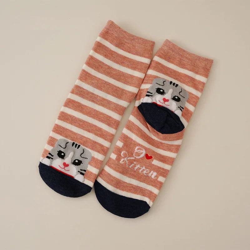 Cotton Blend Cat Pattern Casual Crew Socks for Women - 11