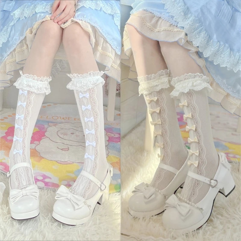 Nylon Lolita Lace Ruffle Knee High Socks with Bows