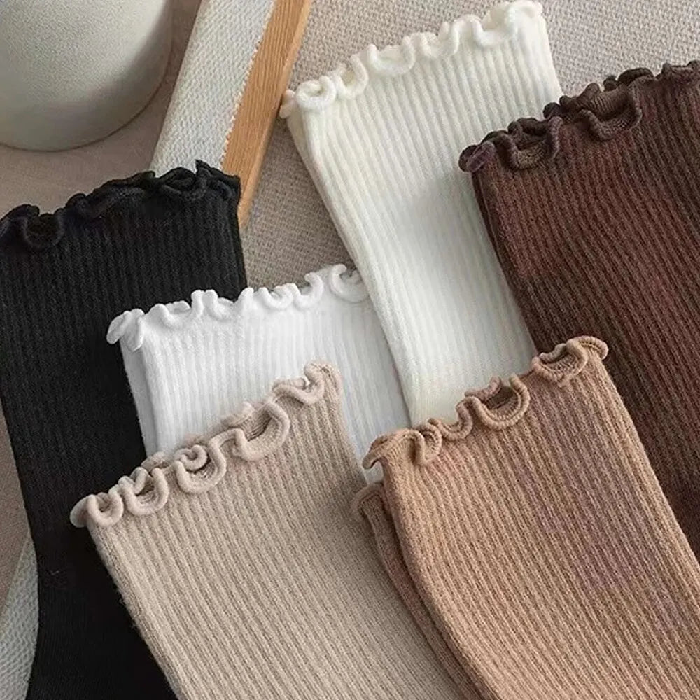 Ruffled Polyester Blend Mid Length Womens Socks 6 Pair Set