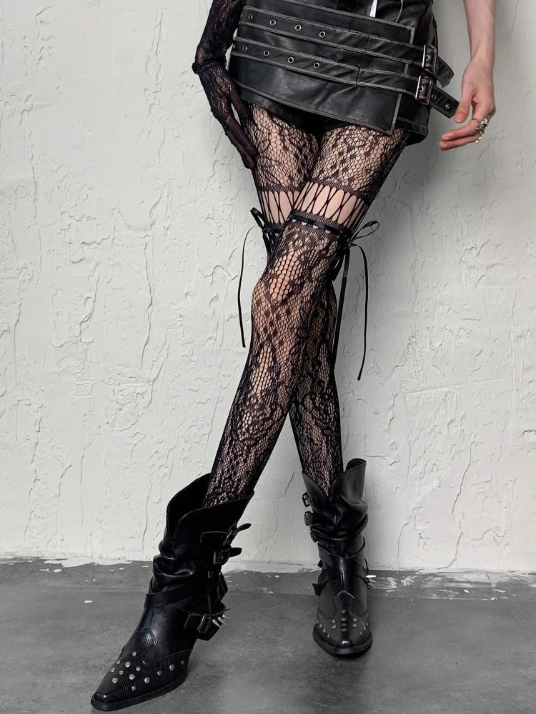 Nylon Bowknot Mesh Hollowed Out Pantyhose - 3
