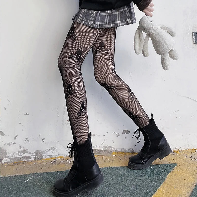 Nylon Polyester Skull Pattern Fishnet Pantyhose