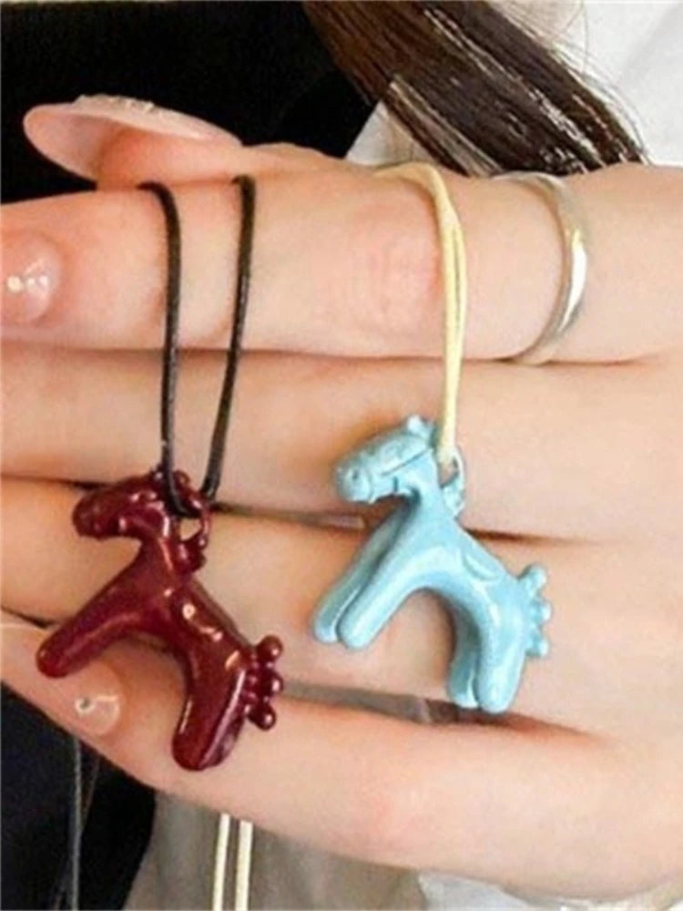 Enamel Horse Pendant Rope Necklace - 2