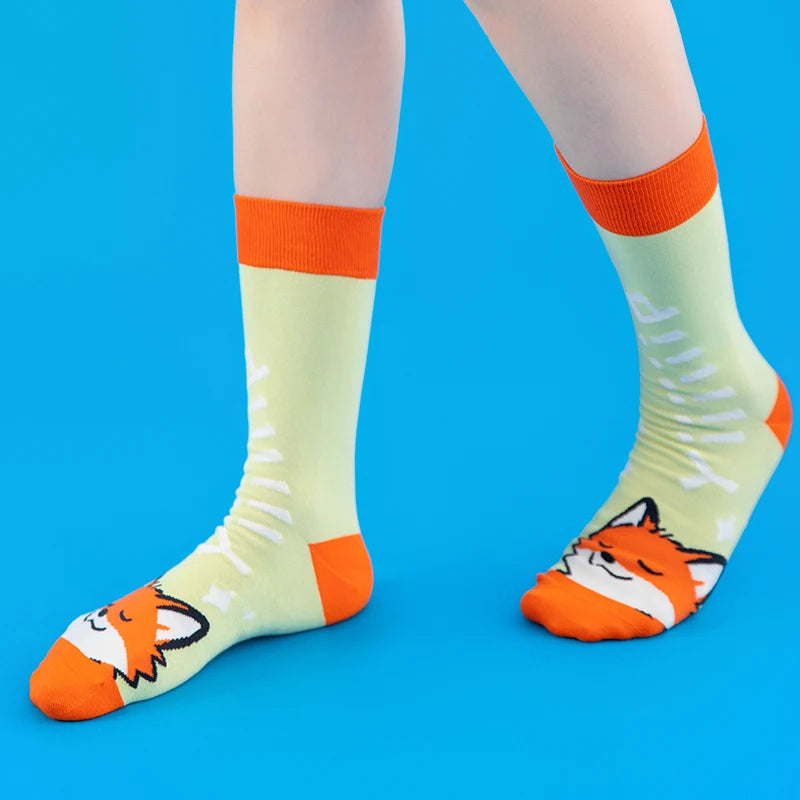 Cotton Blend Cartoon Fox Pattern Mid Tube Unisex Socks - 4
