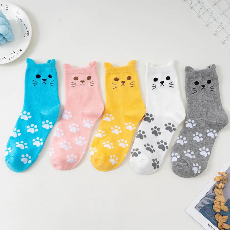 5 Pairs Women Cotton Cat Print Mid Tube Casual Socks