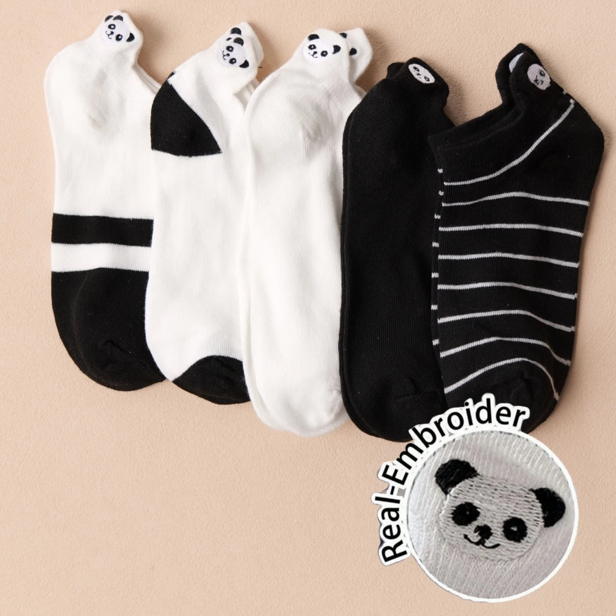 Polyester Elastane Low Cut Panda Embroidered Socks