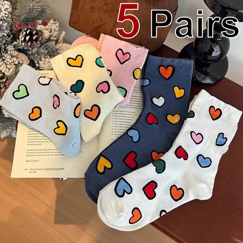 Polyester Elastane Heart Pattern Women Casual Crew Socks 5 Pairs - 1