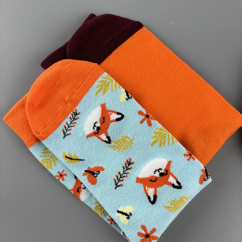 Cotton Blend Fox Print Casual Mid Calf Socks - 3