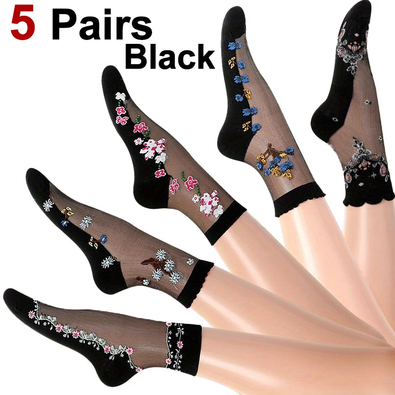 Floral Print Mid Tube Polyester Blend Socks