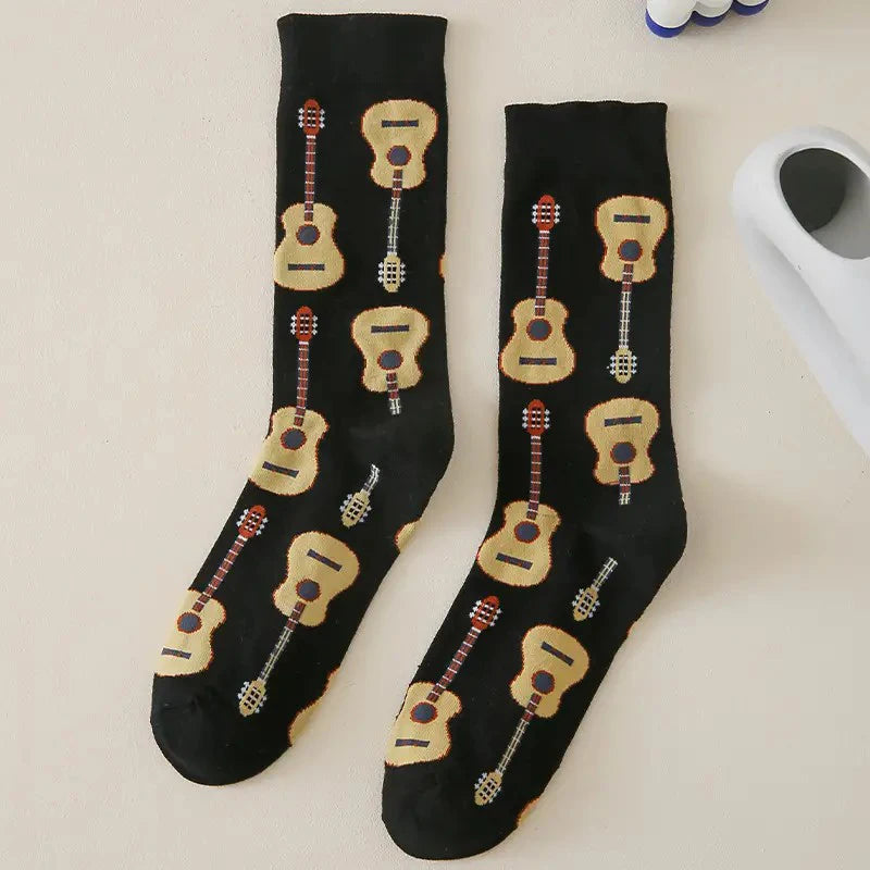 Polyester Guitar Pattern Mid Tube Casual Socks - 8