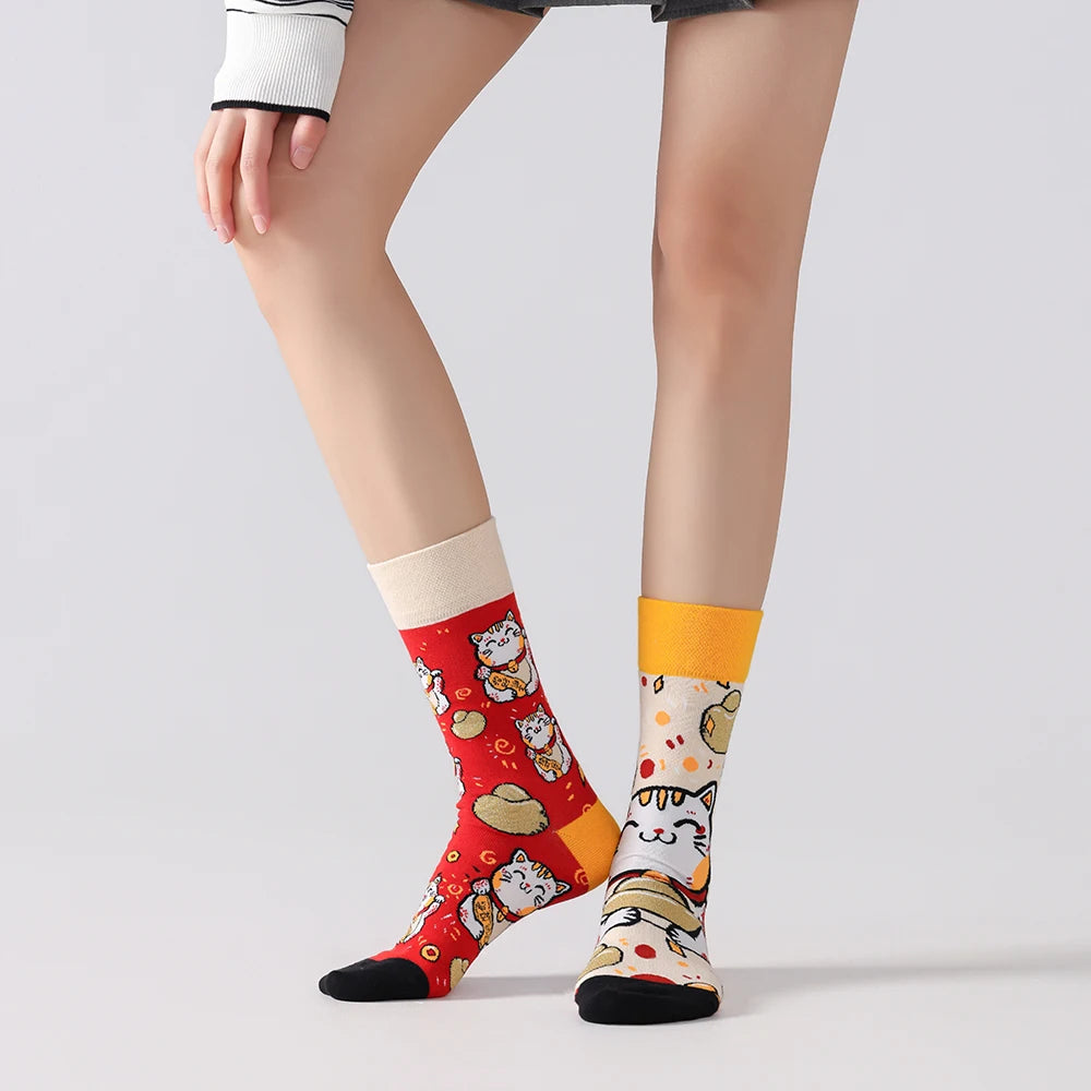 Cotton Blend Mid Calf Lucky Cat Cartoon Socks
