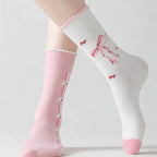 Cotton Blend Bow Heart Print Mid Tube Women Socks