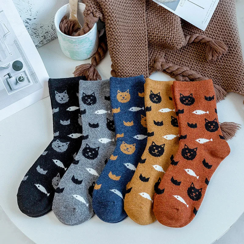 Wool Blend Cat Print Winter Socks Five Pairs - 9